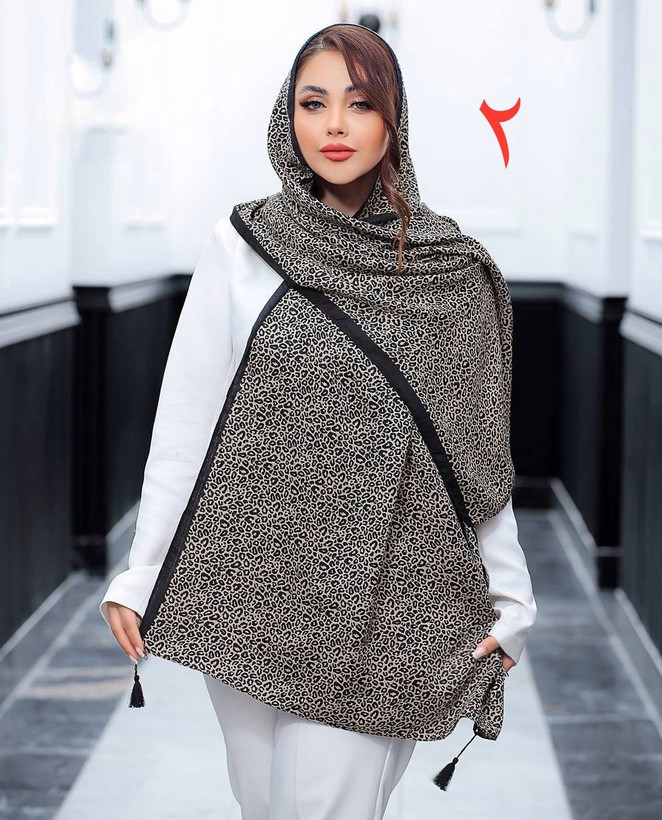 شال نخی پلنگی منگوله دار